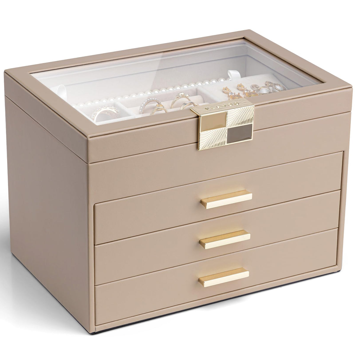 VLANDO Jewelry Box Organizer, 3-Layer Storage with Glass Window