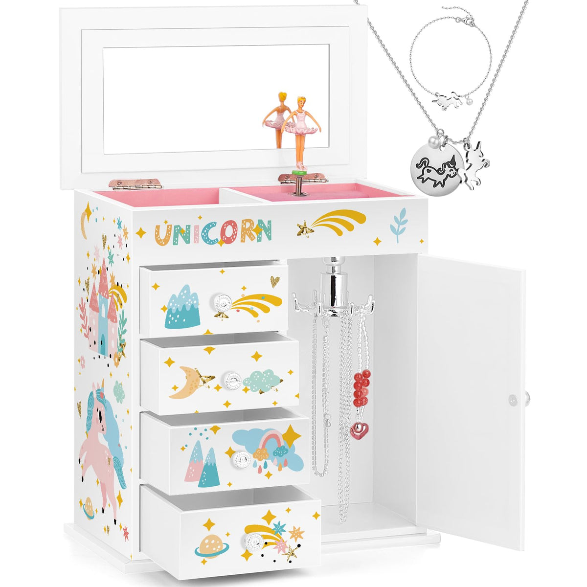 Jewelry Box for Girls 5-Layer with Swing Door Spinning Ballerina Unicorn &Castle Design Unicorn Jewelry Set Included Kids Music Box for Little Girls Birthday Christmas Gift (White)