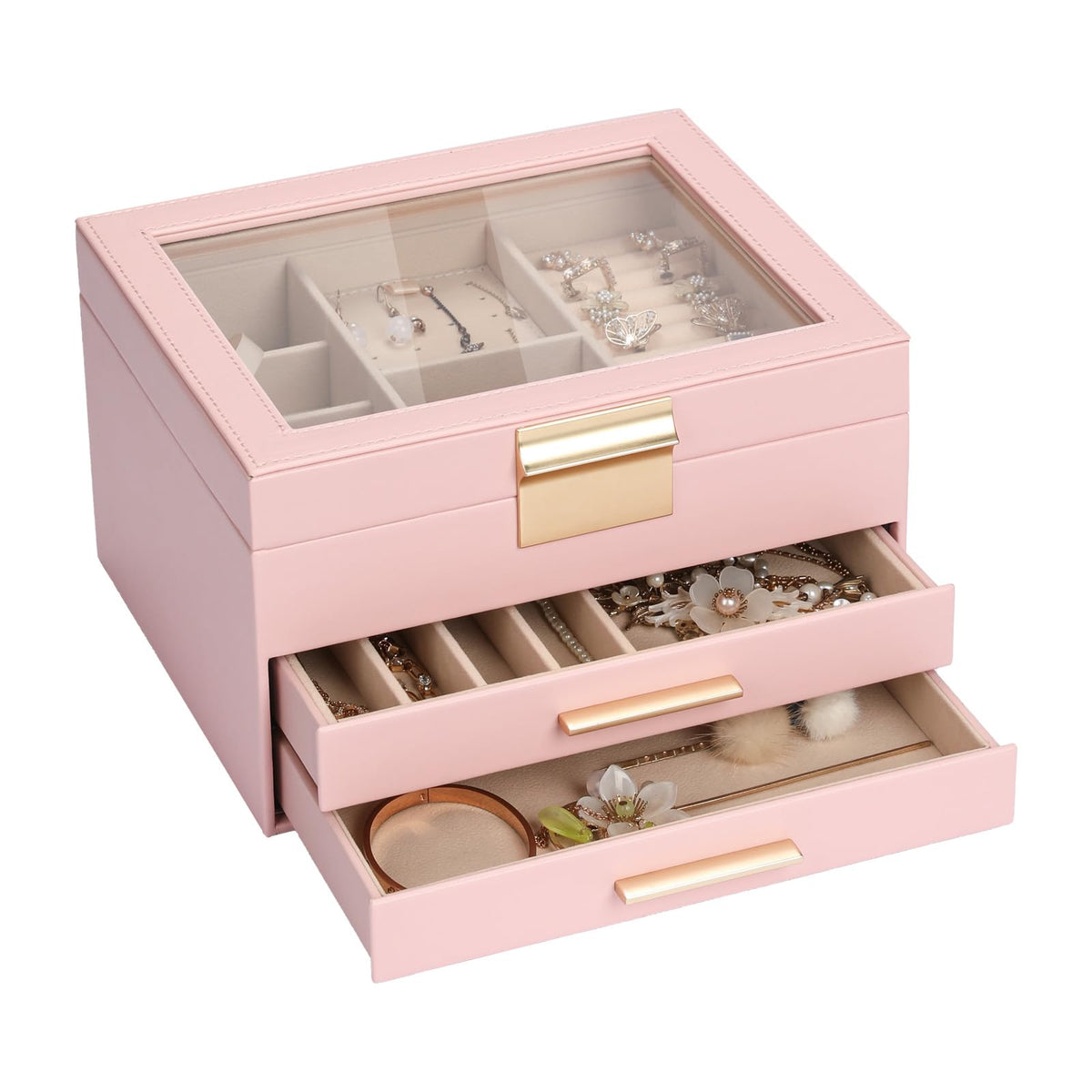 Jewelry Box for Women, 3-Layer Jewelry Box, Jewelry Organizer with Clear Glass Lid and Drawers, Jewelry Organizers and Storage for Necklaces, Rings, Earrings, Bracelets(White)