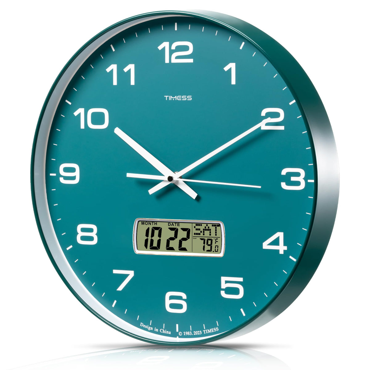 TIMESS 12-Inch Non-Ticking Analog Wall Clock with LCD Display, Blue