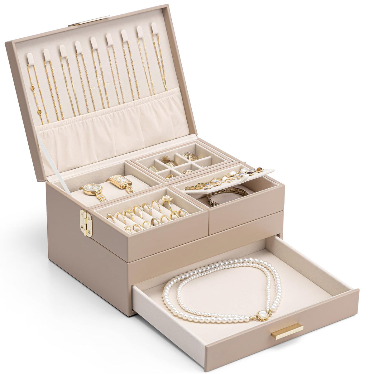 VLANDO Jewelry Box,4-Layer Design with Retractable Tray and 2 Drawers