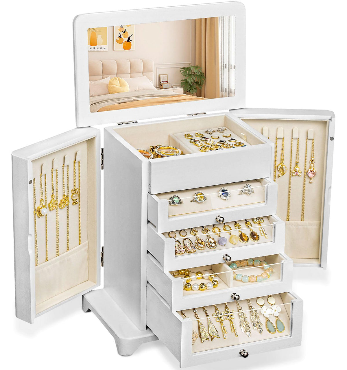 Jewelry Box for Women,Wooden Jewelry Box with 4 Clear Drawers Rustic Brown