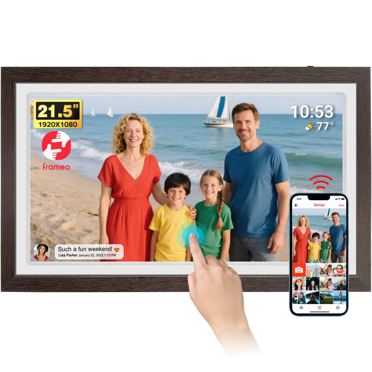 Frameo 10.1 Inch WiFi Digital Photo Frame, 32GB Digital Picture Frame with 1280x800 IPS HD Touch Screen, Auto-Rotate Wall Mount, Easy Share Photos/Videos from Phone - Gifts for Mom