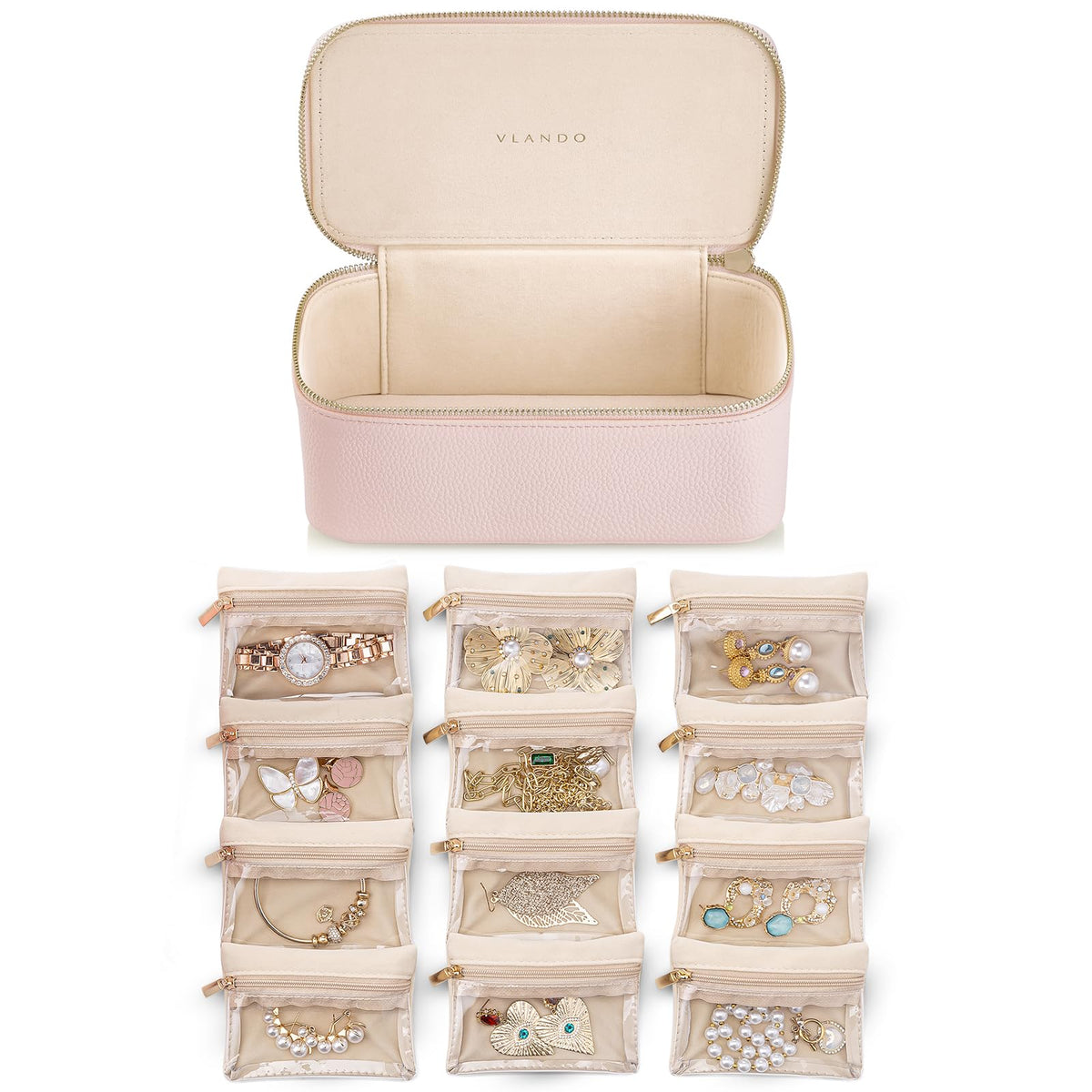 VLANDO Jewelry Boxes for Women with 12 Clear Velvet Zipper Pouches,Green