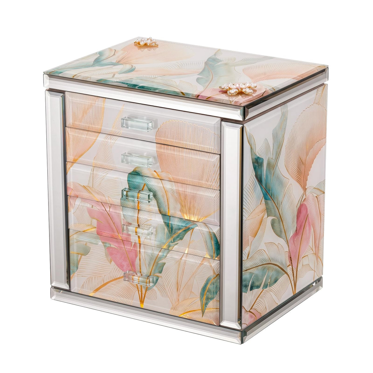 High End Glass Jewelry Box for Women, 7 Layer, Gold