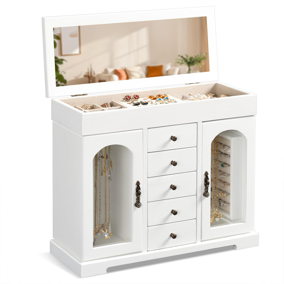 Miratino Jewelry Box for Women Girls, Rustic Wooden Jewelry Organizer Box with Mirror, 5 Layer Jewelry Storage Case Display for Necklaces Earrings Rings Bracelets Valentine's Day Gifts