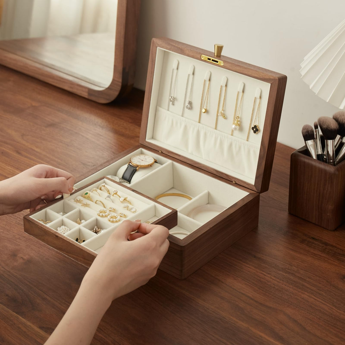 Black Walnut 3 Layer Wooden Jewelry Box Organizer