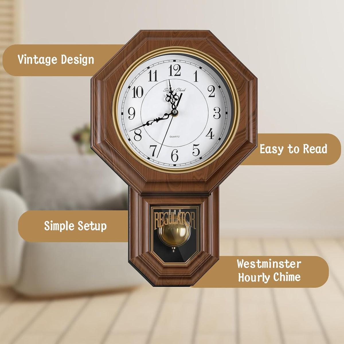 Pendulum Wall Clock,Imitation Wood Plastic Regulator Wall Clocks,Brown