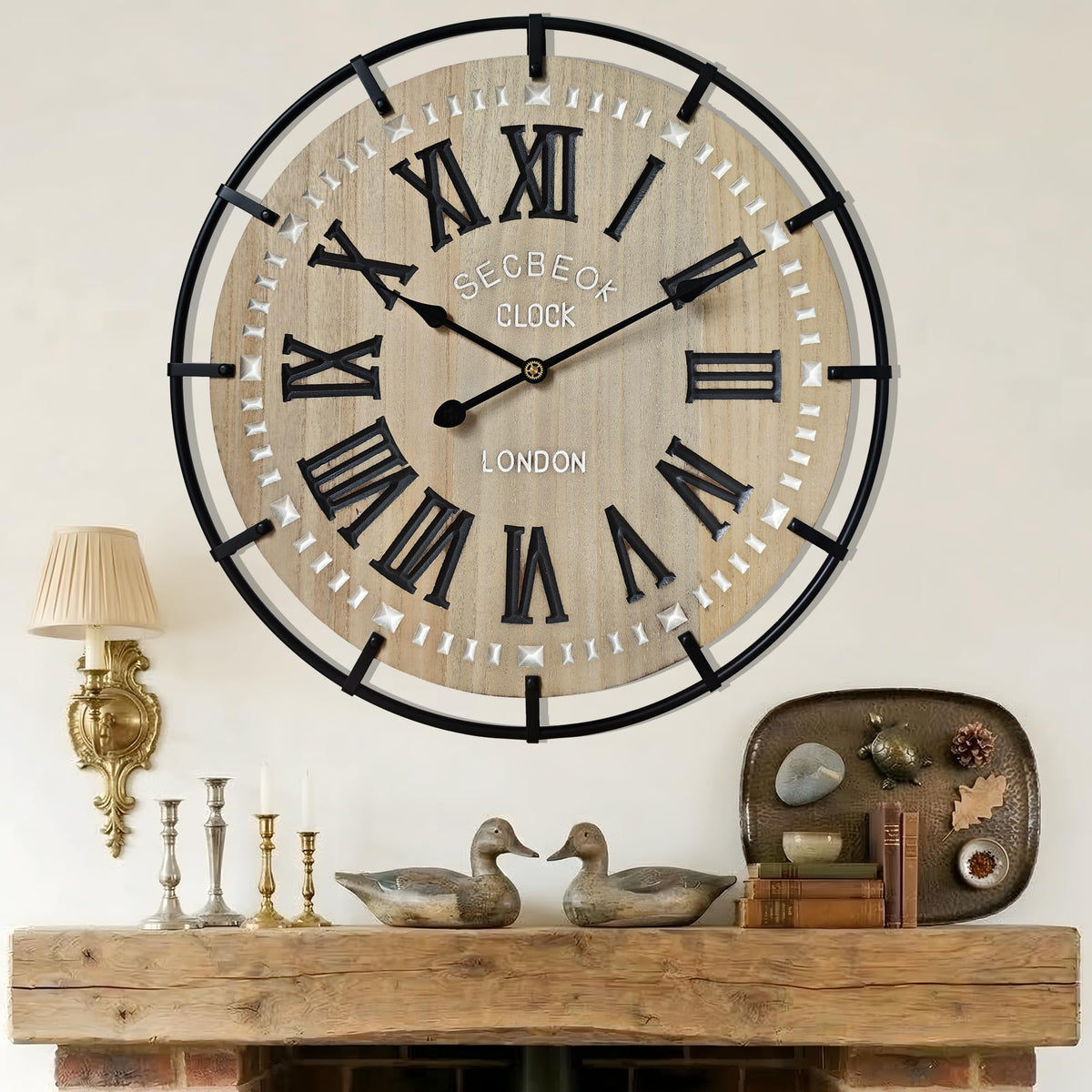 30 Inch Oversized Farmhouse Wall Clock, Metal Rustic Wood with Silent Quartz Movement, Easy Read Arabic Numerals, Battery Powered Decorative Wall Clock for Living Room Bedroom Kitchen Office