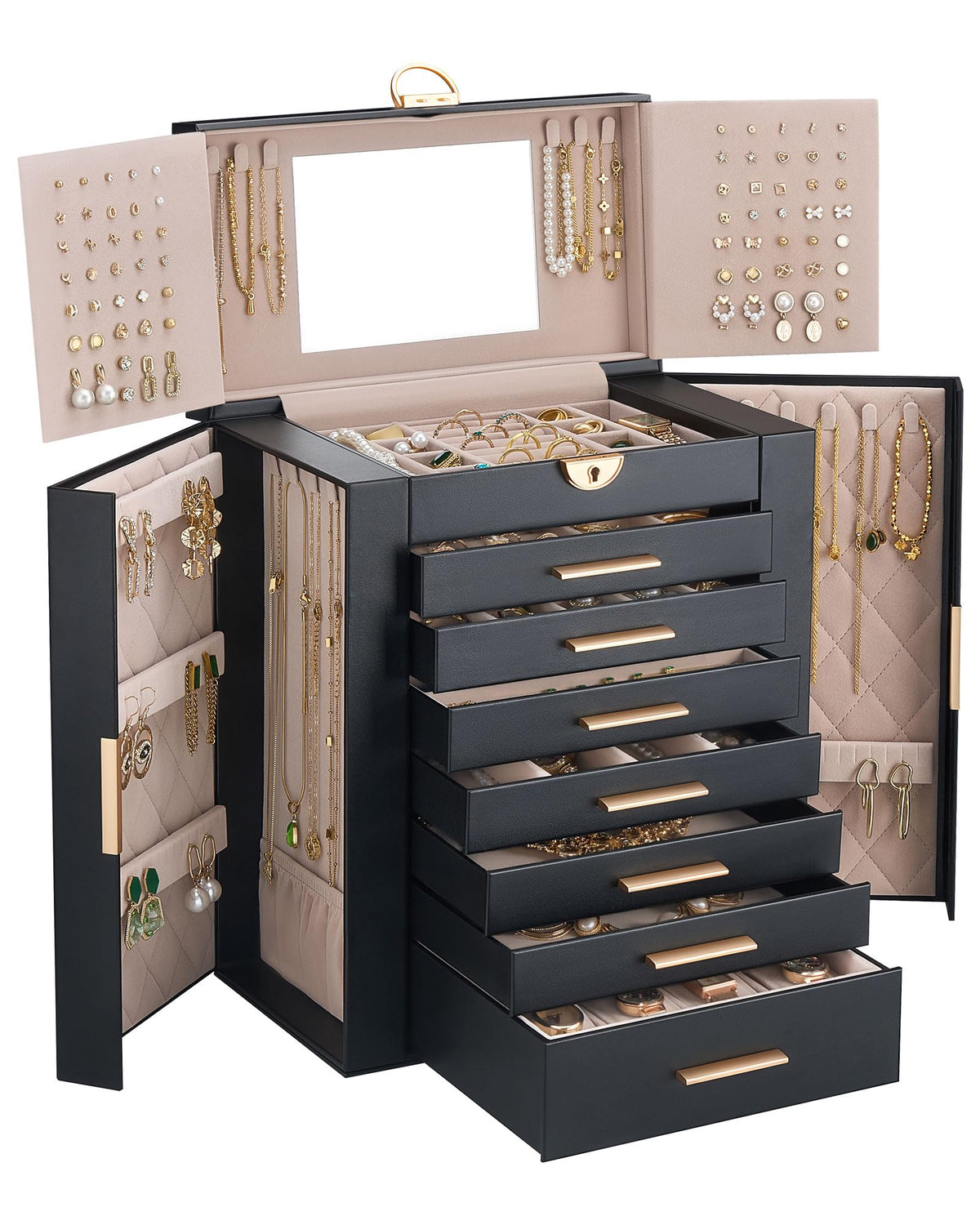 Lolalet Large Jewelry Box, 6-Layer Jewelry Organizer with 5 Drawers -Beige