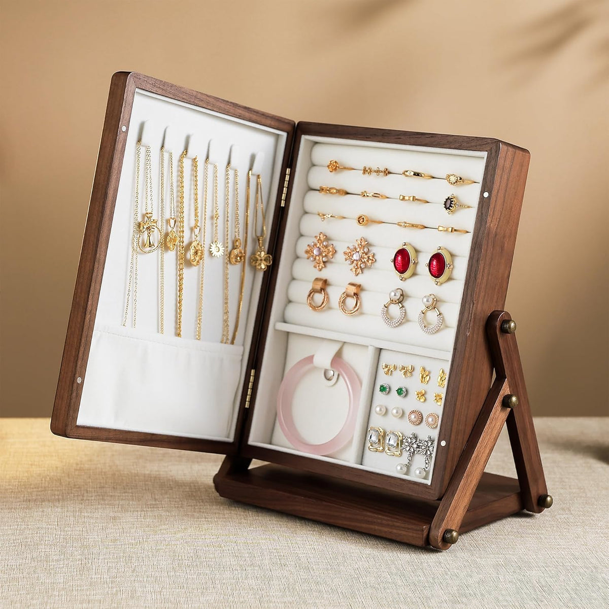 Black Walnut Wooden Jewelry Box for Women, 3 Layer Organizer with Drawer