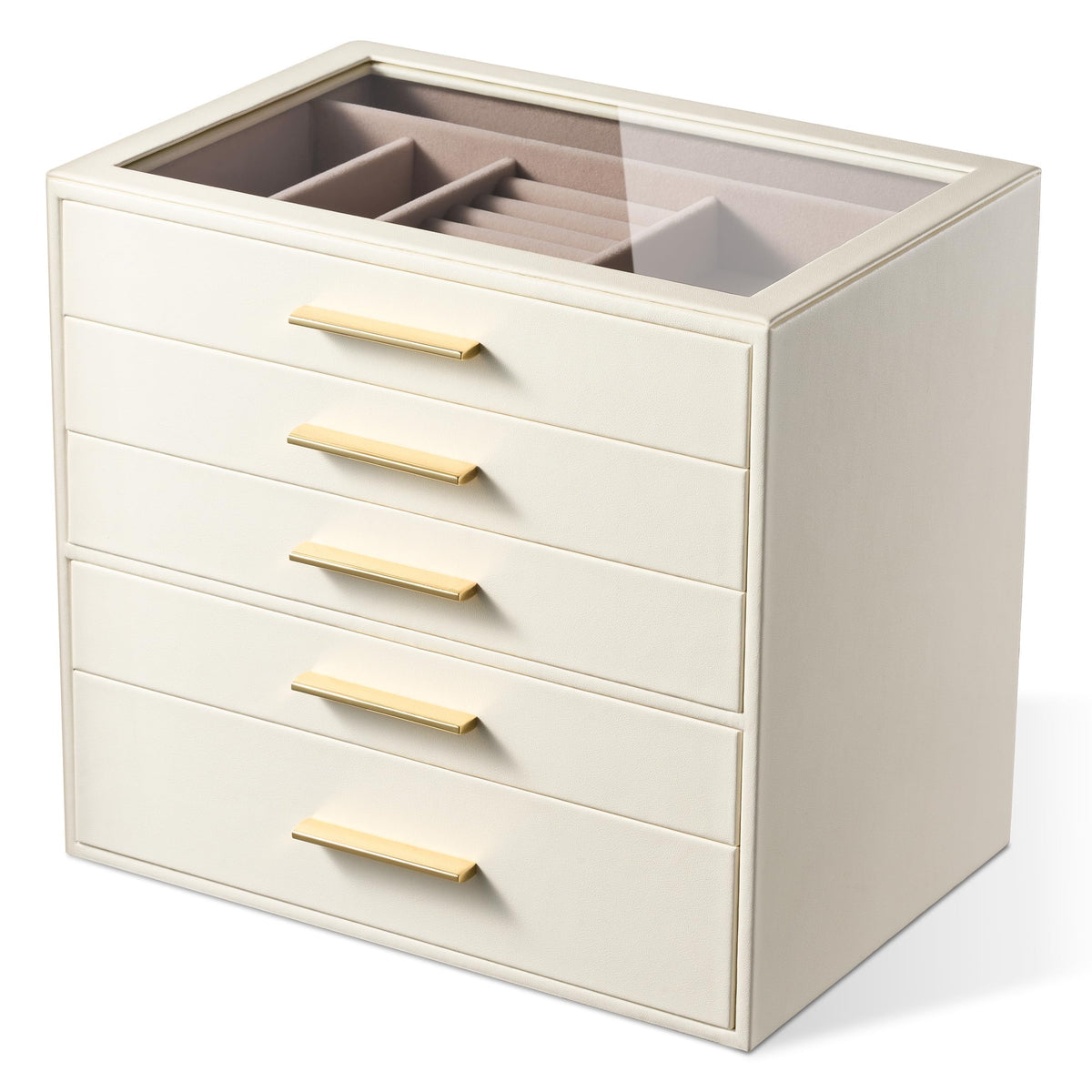 Jewelry Box Organizer Storage Case, 3-Layer with Glass Window, White