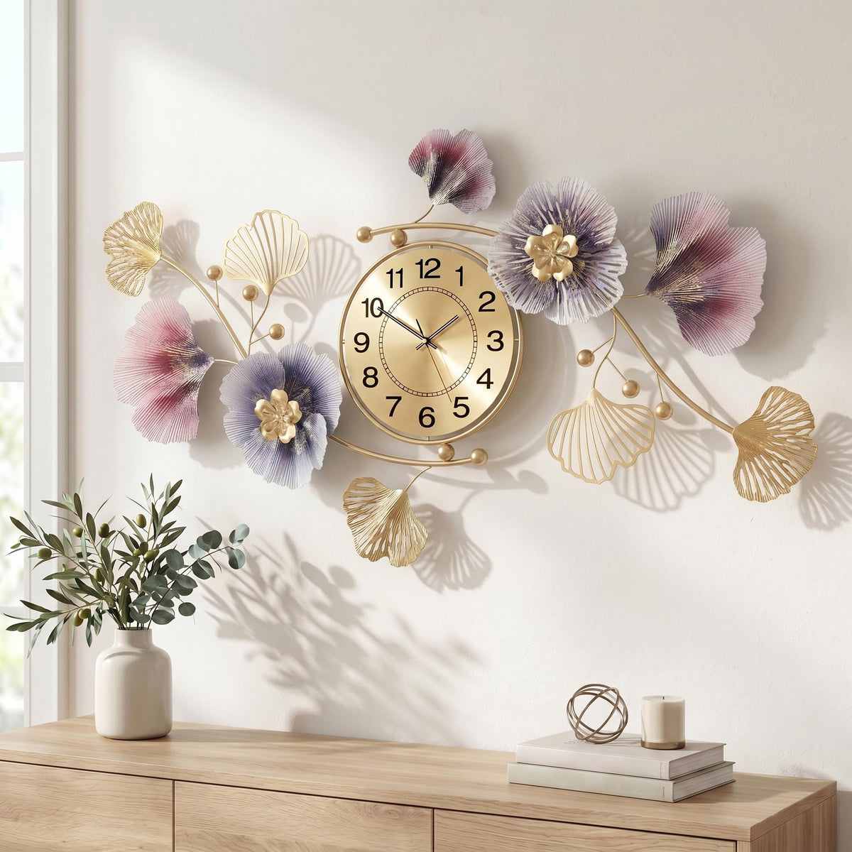 33" 3D Ginkgo Leaf Metal Wall Clock for Home Wall Decor