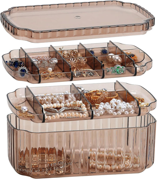 LETURE 3-Layer Jewelry Organizer Box for Earrings, Rings, Necklaces, Bracelets, Clear Plastic Bead Storage Containers for Crafts (Coffee)