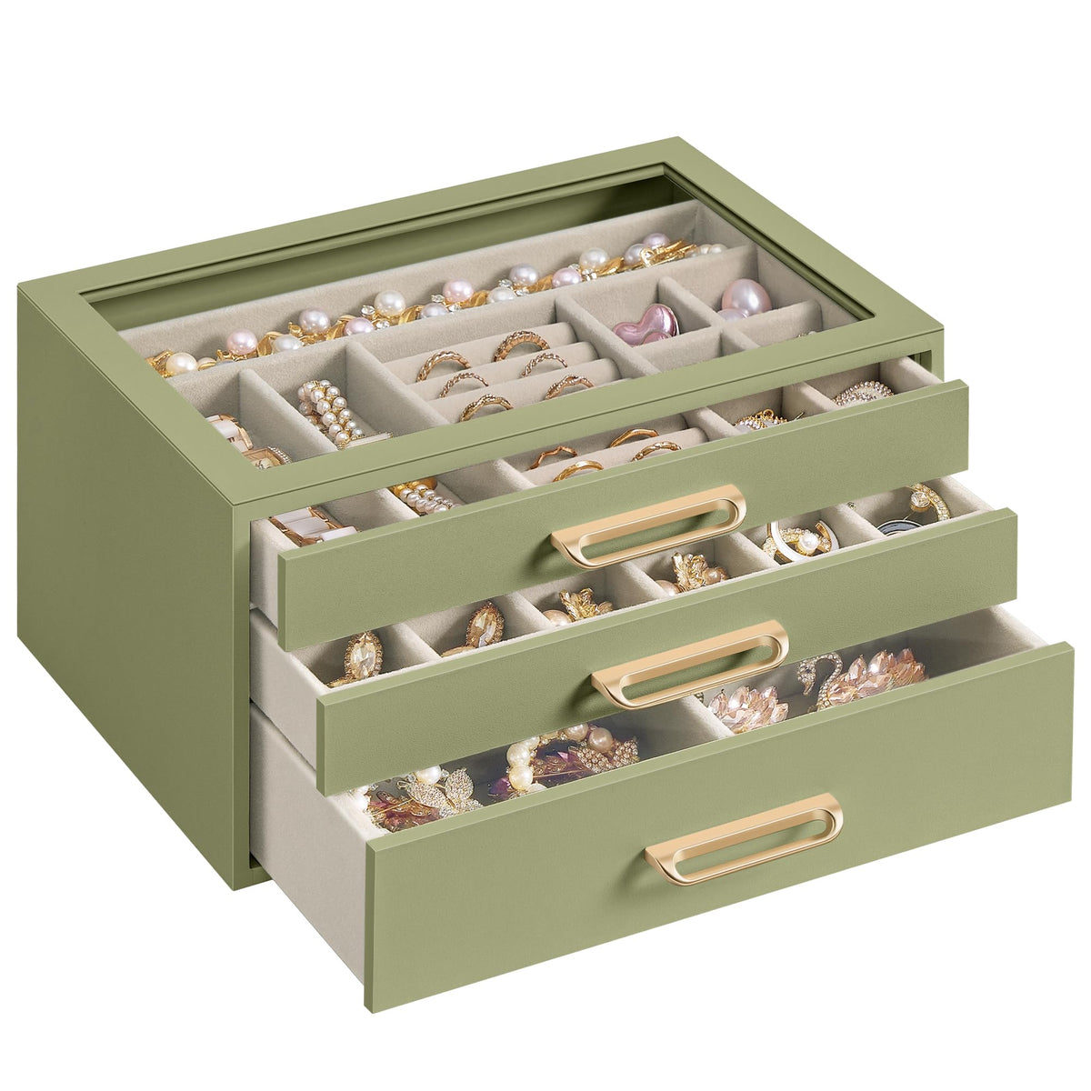 SONGMICS 3-Layer Jewelry Box with Glass Window, 3 Drawers, Golden Handles