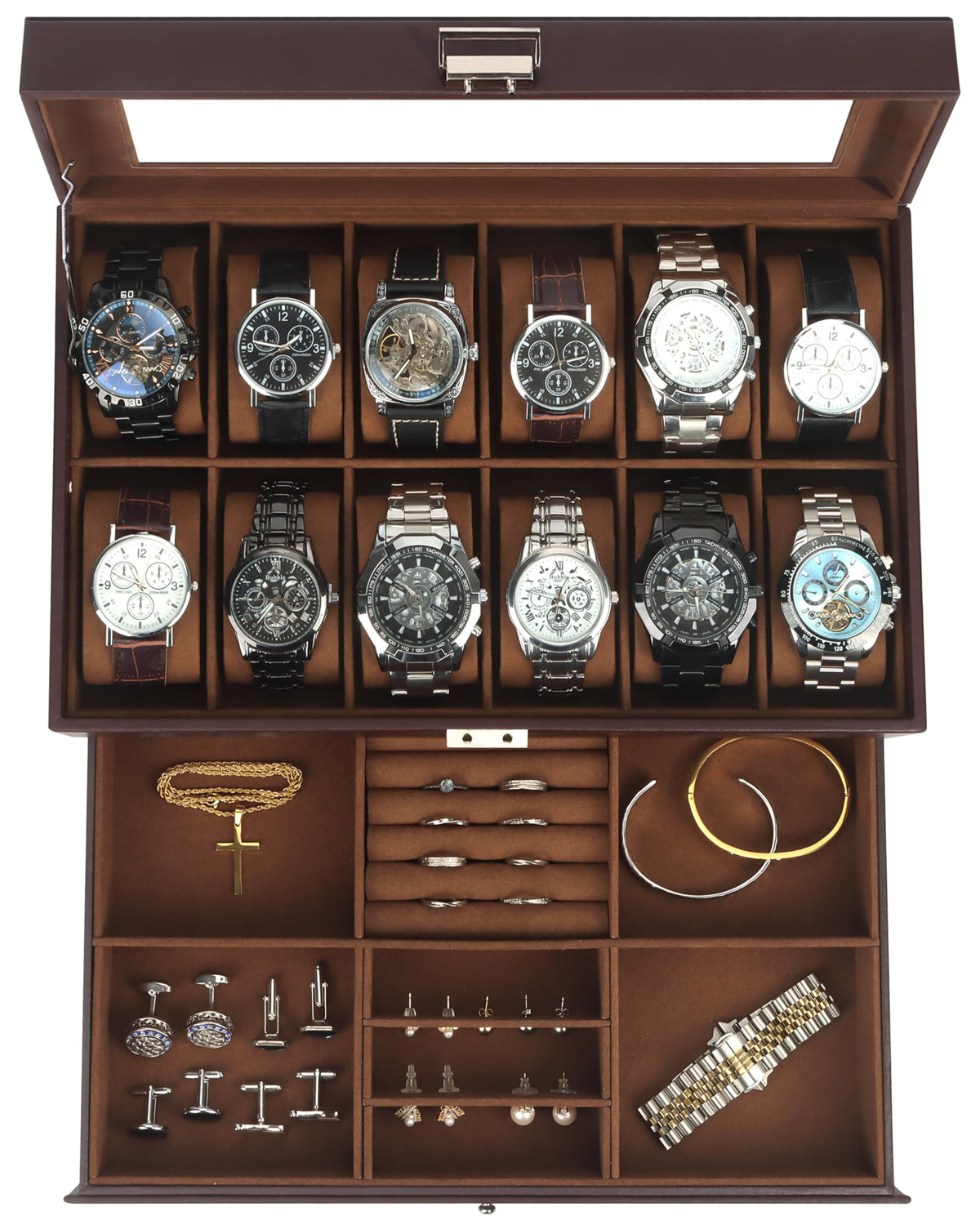 Kukikan Mens Jewelry Box Organizer, 6 Watch Slots & 3 Sunglasses -Black
