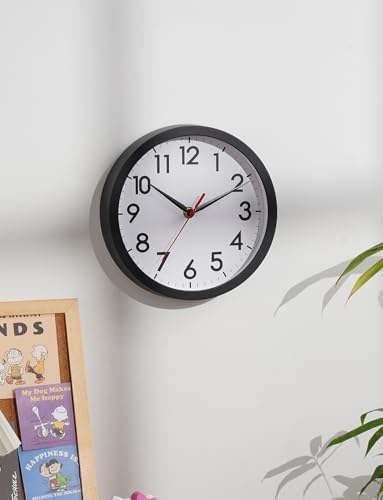 AKCISOT 8 Inch Wall Clock, Silent Battery Operated Analog Clock, Black