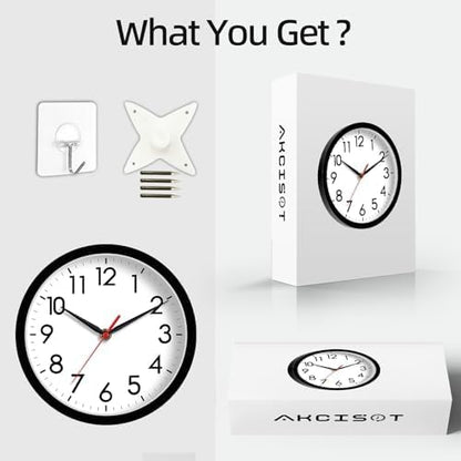 AKCISOT 8 Inch Wall Clock, Silent Battery Operated Analog Clock, Black