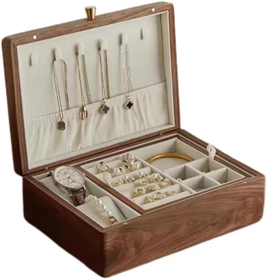 Bescott 2 Layer Solid Black Walnut Wooden Jewelry Box for Women Wood Vintage Organizer for Men Earrings Rings Necklaces Bracelet Watch Storage