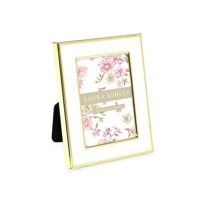 Laura Ashley 4x6 White Enamel Picture Frame, Gold Metal Edge w/Easel