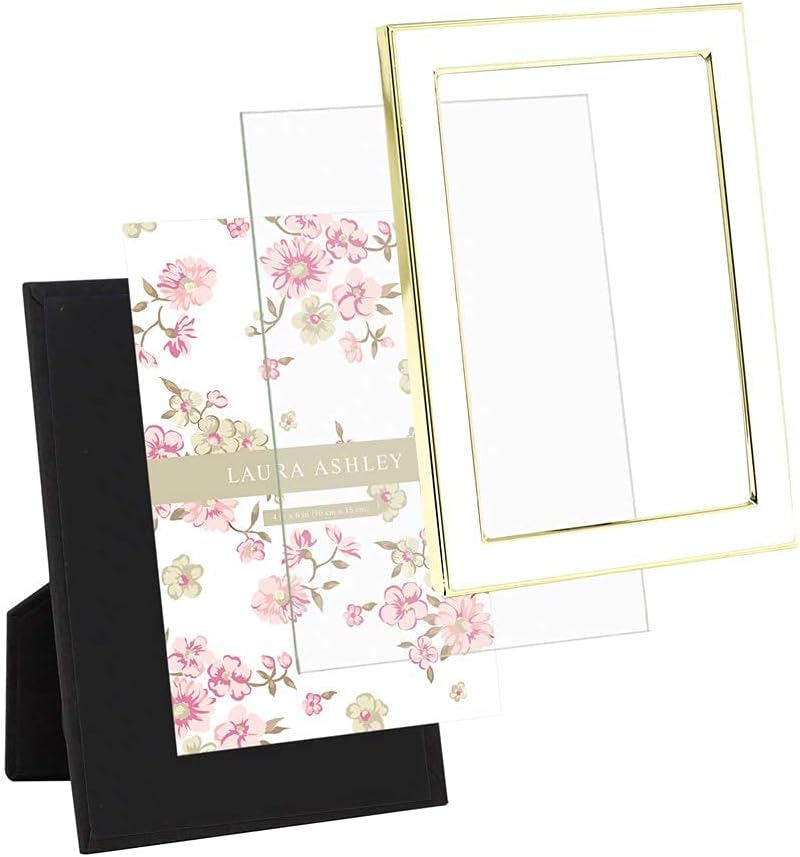 Laura Ashley 4x6 White Enamel Picture Frame, Gold Metal Edge w/Easel