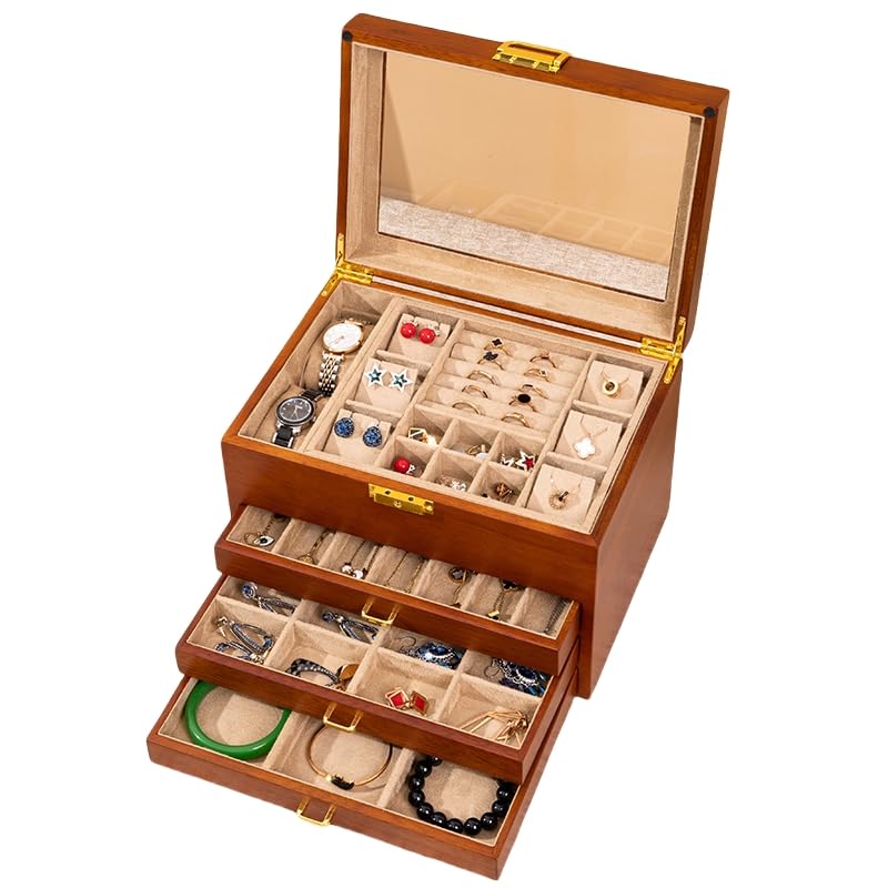 2 Layer Anti Tarnish Solid Wood Jewelry Organizer Box with Lock