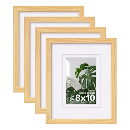 Egofine 11x14 Picture Frames 4 Pack Display Pictures 5x7/8x10 with Mat or 11x14 Without Mat Made of Solid Wood Covered by Plexiglass for Table Top Display and Wall Mounting Photo Frame, Light Brown