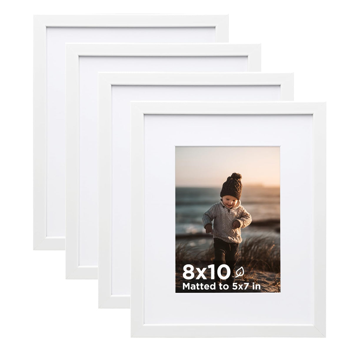 KINLINK 5x7 Picture Frame White Set of 4, Wooden Photo Frames Matted 4x6 with Plexiglass for 4x6 with Mat or 5x7 without Mat for Table and Wall Display