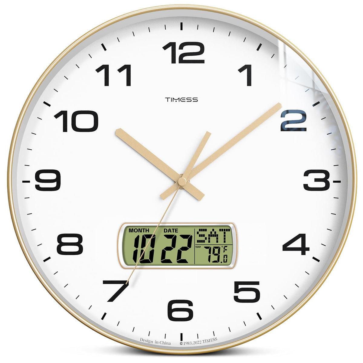 TIMESS 12-Inch Non-Ticking Analog Wall Clock with LCD Display, Blue
