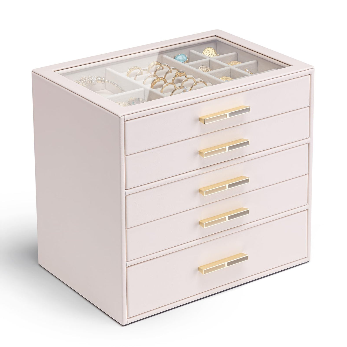 Vlando 4-Drawer Jewelry Box Organizer with Glass Lid, White