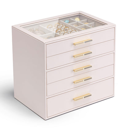 Vlando 4-Drawer Jewelry Box Organizer with Glass Lid, White