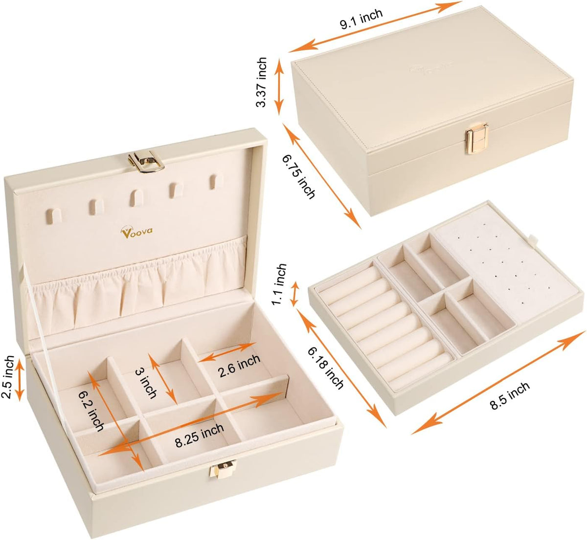 Voova 2 Layer Jewelry Box Organizer with Removable Tray, Vintage Gift, Apricot