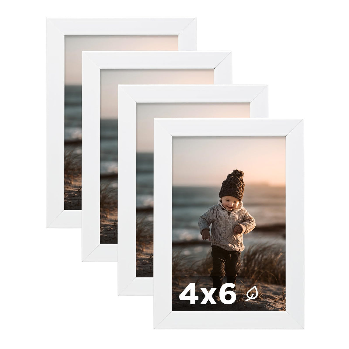 KINLINK 5x7 Picture Frame White Set of 4, Wooden Photo Frames Matted 4x6 with Plexiglass for 4x6 with Mat or 5x7 without Mat for Table and Wall Display