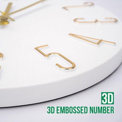 Wall Clock 12 Inch Silent Non-Ticking Imitation Wood Indoor Clock Round White Decor Clock Modern 3D Figures Quartz Wall Clocks for Home, Hotel, Office, School, Bedroom, Living Room, Kitchen
