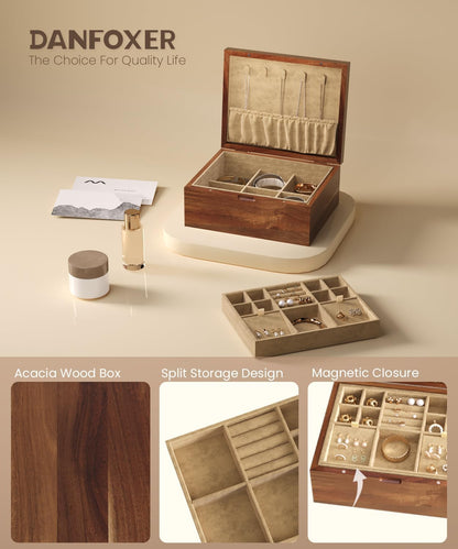 Acacia Wood Jewelry Box with Hinged Lid and Removable Velvet Tray