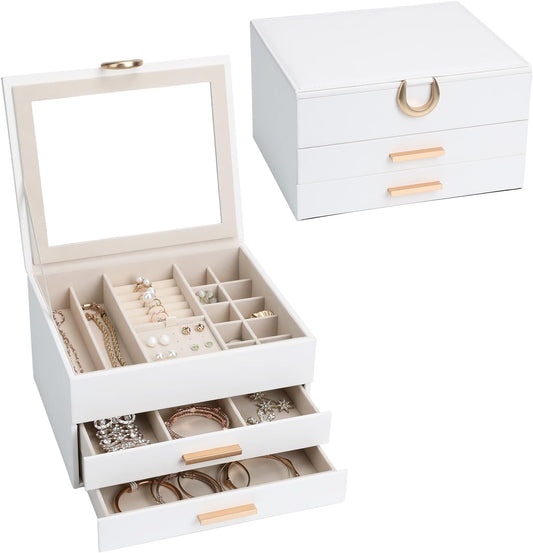Jewelry Storage Box for 150+ Items - Features a Mirror, Smooth Gliding Drawers, and Non-Slip Earring Pads for Maximum Organization White