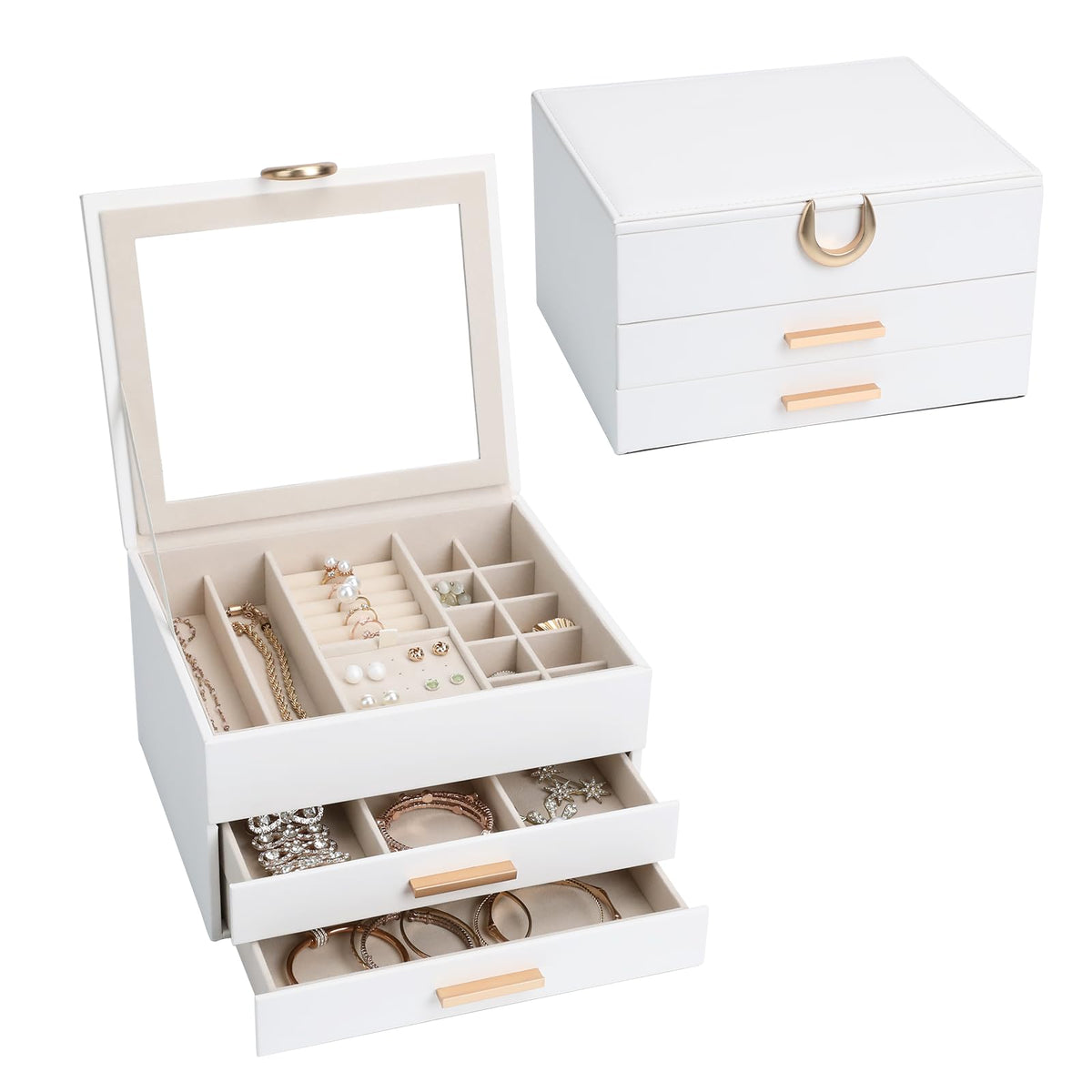 Jewelry Storage Box for 150+ Items - Features a Mirror, Smooth Gliding Drawers, and Non-Slip Earring Pads for Maximum Organization White
