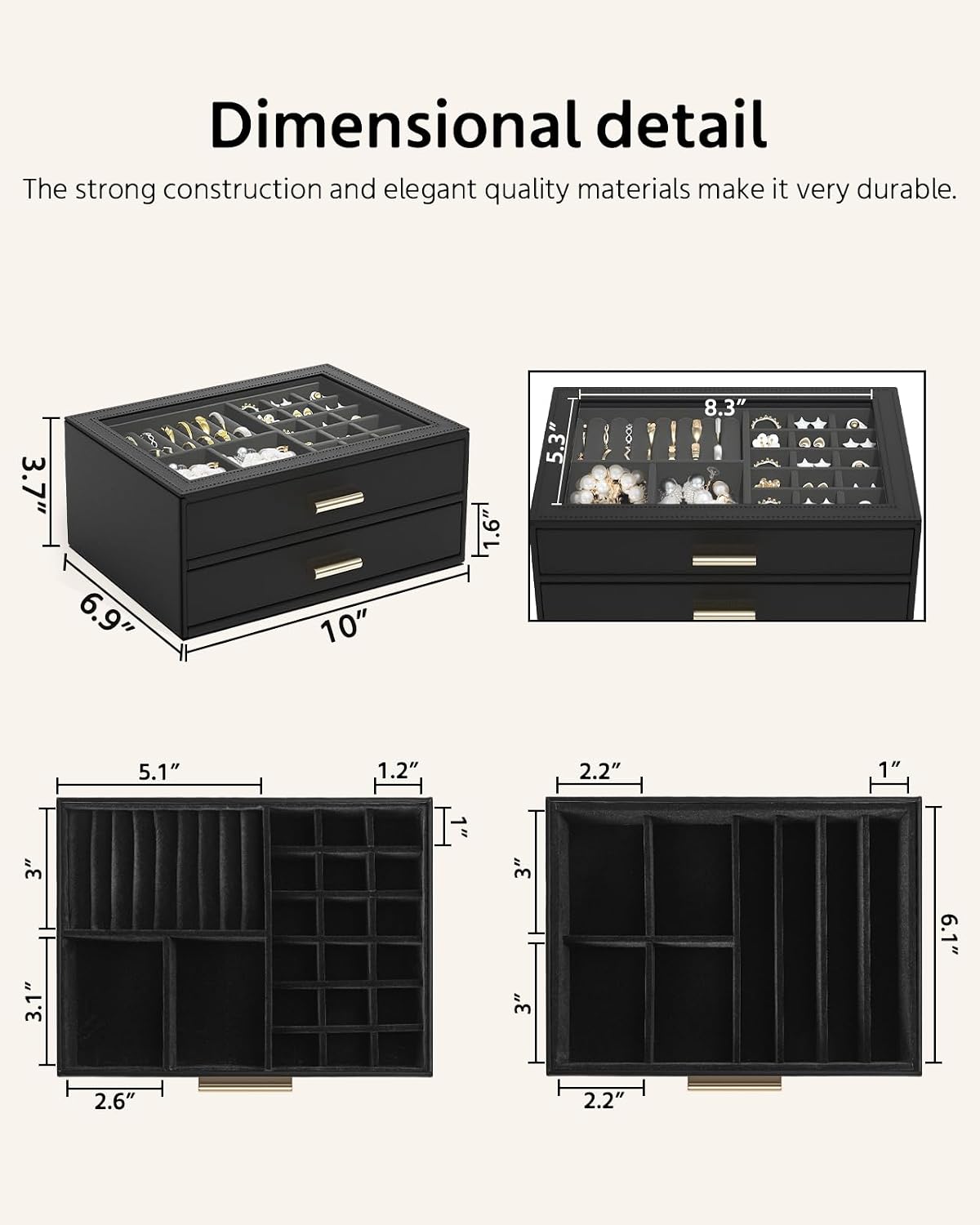 AKOZLIN Jewelry Box Organizer with Clear Lid 2 Drawers Black