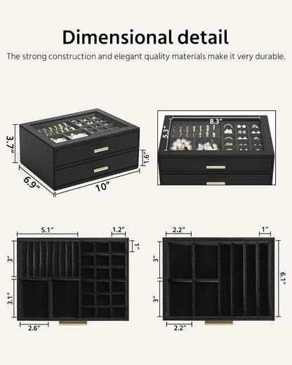 AKOZLIN Jewelry Box Organizer with Clear Lid 2 Drawers Black
