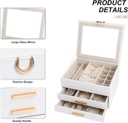 Jewelry Storage Box for 150+ Items - Features a Mirror, Smooth Gliding Drawers, and Non-Slip Earring Pads for Maximum Organization White