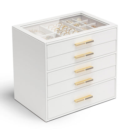 Vlando 4-Drawer Jewelry Box Organizer with Glass Lid, White