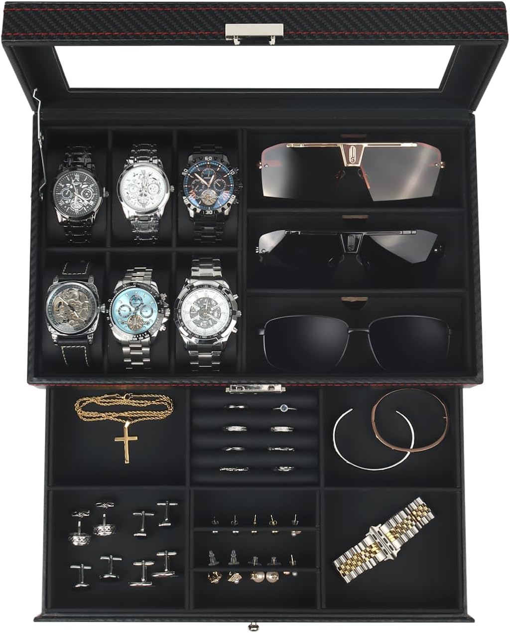 Kukikan Mens Jewelry Box Organizer, 6 Watch Slots & 3 Sunglasses -Black