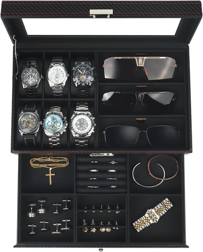 Kukikan Mens Jewelry Box Organizer, 6 Watch Slots & 3 Sunglasses -Black