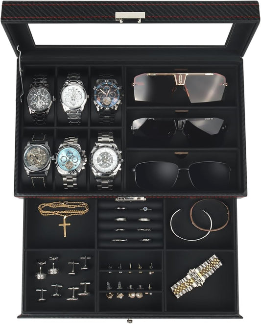 Kukikan Mens Jewelry Box Organizer, 6 Watch Slots & 3 Sunglasses -Black
