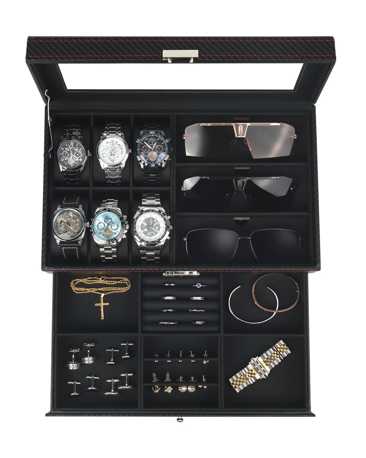Kukikan Mens Jewelry Box Organizer, 6 Watch Slots & 3 Sunglasses -Black