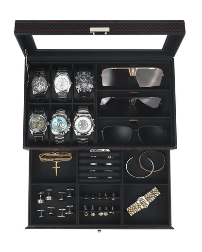 Kukikan Mens Jewelry Box Organizer, 6 Watch Slots & 3 Sunglasses -Black
