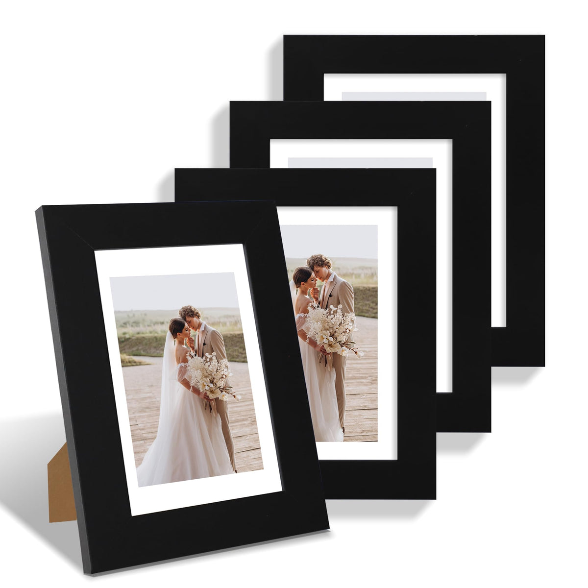 Hongkee 5x7 Picture Frame Set of 4, Real Glass and Wooden Frame, 4x6 Mat