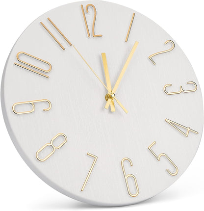 Wall Clock 12 Inch Silent Non-Ticking Imitation Wood Indoor Clock Round White Decor Clock Modern 3D Figures Quartz Wall Clocks for Home, Hotel, Office, School, Bedroom, Living Room, Kitchen