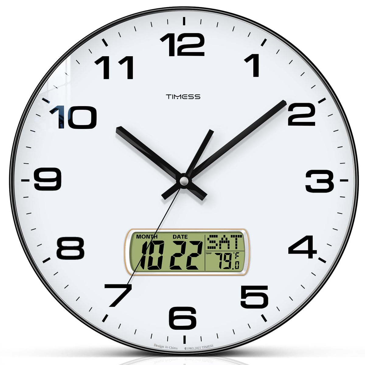TIMESS 12-Inch Non-Ticking Analog Wall Clock with LCD Display, Blue