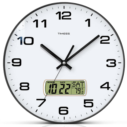 TIMESS 12-Inch Non-Ticking Analog Wall Clock with LCD Display, Blue